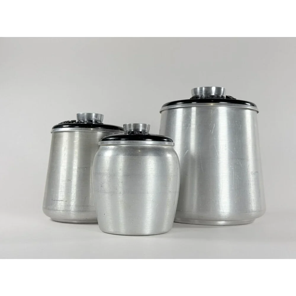 Vintage Kromex Spun Aluminum Canister Set Flour Coffee Tea 3-Piece Set With Lids